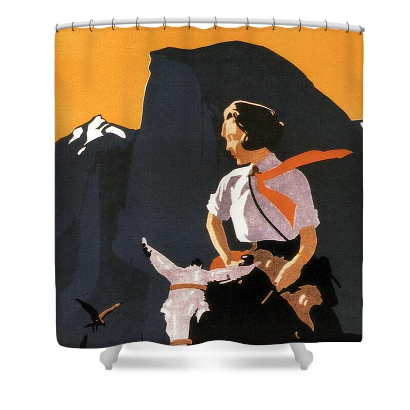 Yosemite Shower Curtain featuring the mixed media Yosemite - Southern Pacific - Woman on Horseback - Retro travel Poster - Vintage Poster by Studio Grafiikka