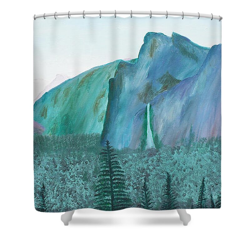 Mountains Shower Curtain featuring the painting Yosemite View by Martin Valeriano