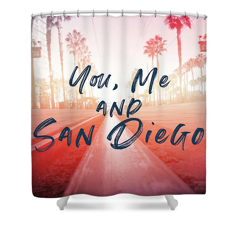 San Diego Shower Curtain featuring the mixed media You Me and San Diego- Art by Linda Woods by Linda Woods
