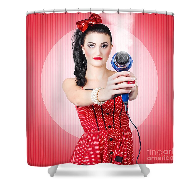 Hair Shower Curtain featuring the photograph Young beautiful girl with hairdryer. Hair care by Jorgo Photography