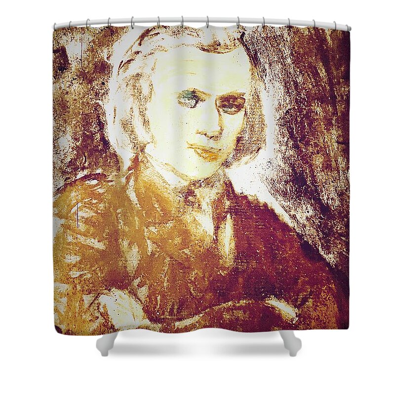 Brahms Shower Curtain featuring the drawing Young Brahms 2b by Bencasso Barnesquiat