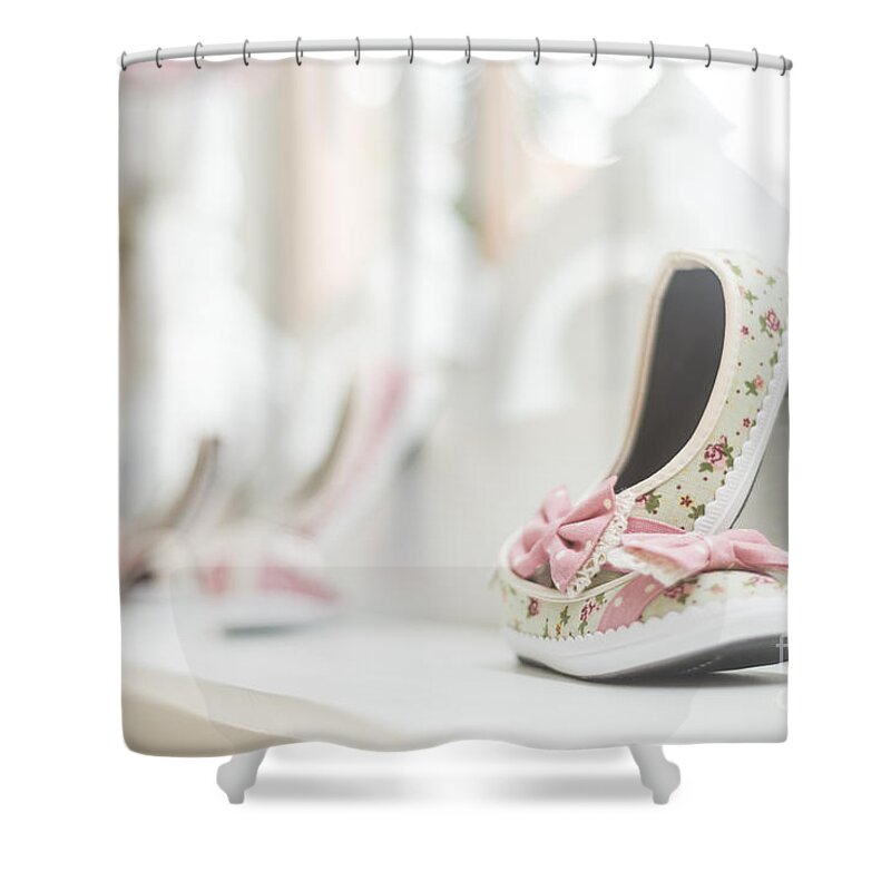 Baby Shower Curtain featuring the photograph Young Girl Shoes In Children Footwear Shop by JM Travel Photography