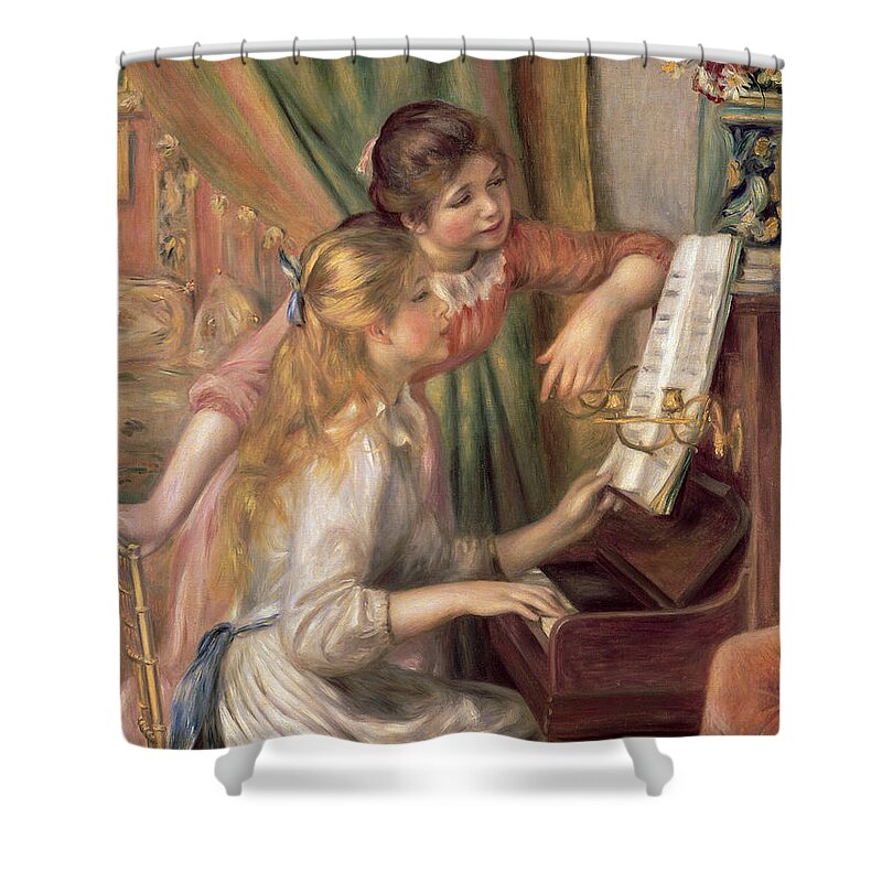 Young Shower Curtain featuring the painting Young Girls at the Piano by Pierre Auguste Renoir