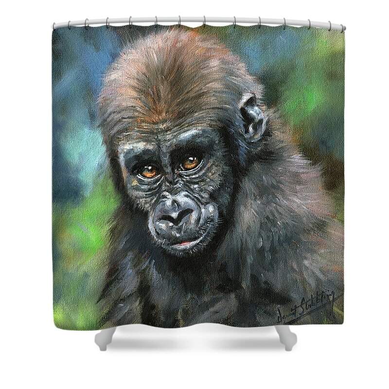 Gorilla Shower Curtain featuring the painting Young Gorilla by David Stribbling