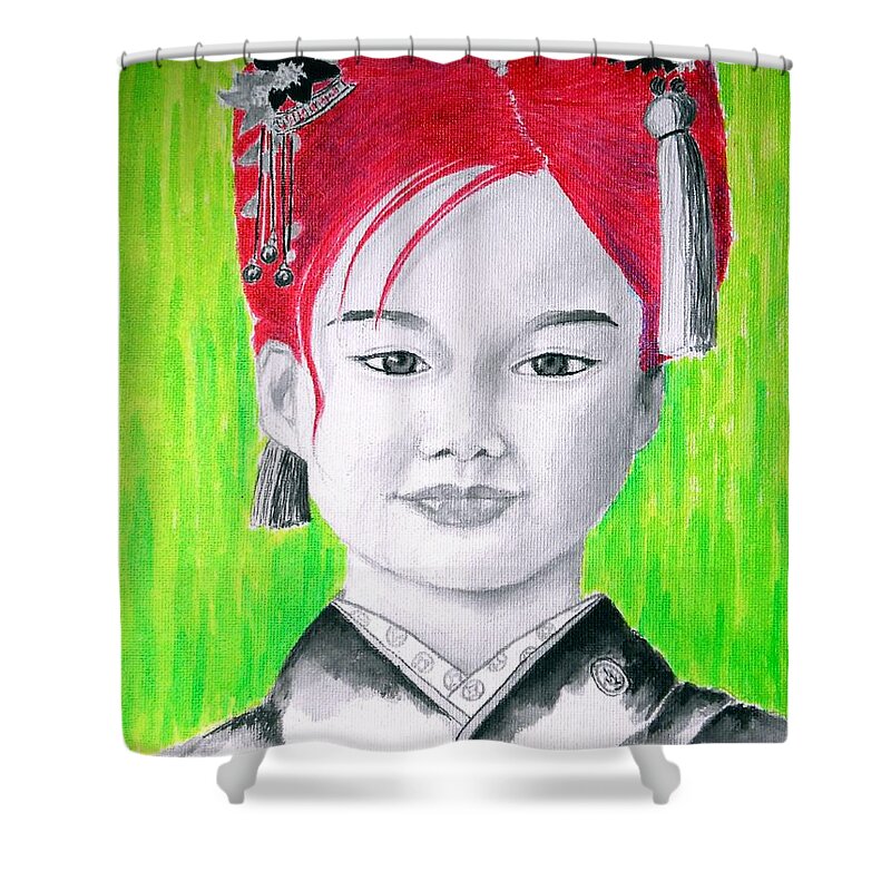 Japanese Shower Curtain featuring the painting Young Japanese Beauty -- Portrait of Japanese Girl by Jayne Somogy