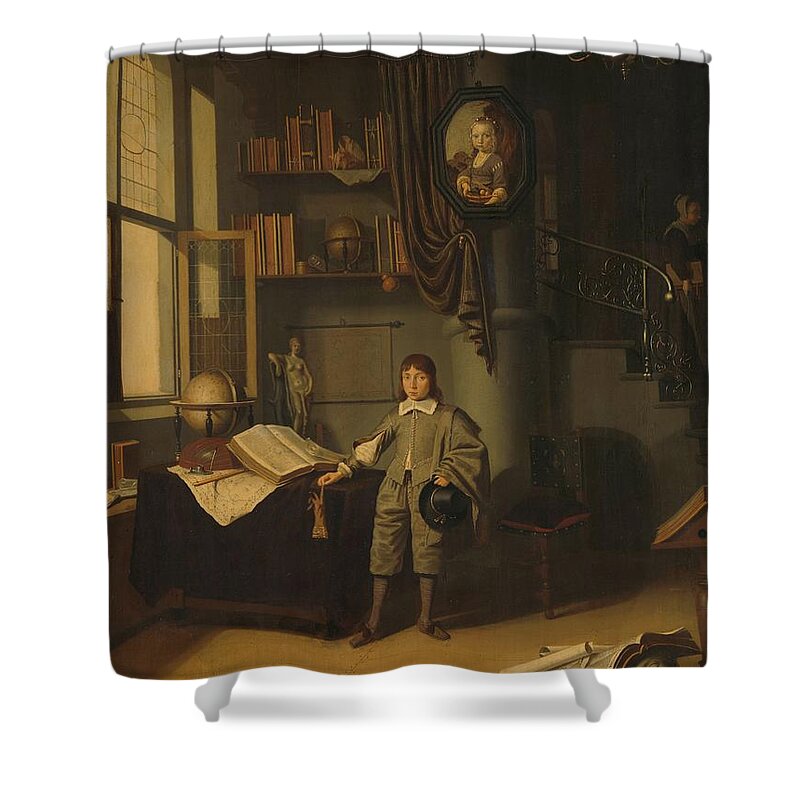Young Man In A Study Shower Curtain featuring the painting Young Man in a Study by MotionAge Designs