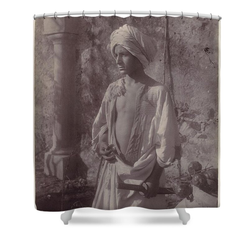 [young Man In White Robe And Head Gear Holding Scabbard Shower Curtain featuring the painting Young Man in White Robe and Head Gear Holding Scabbard by MotionAge Designs