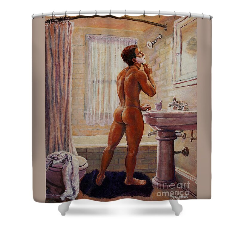 Bathroom Shower Curtain featuring the painting Young Man Shaving by Marc DeBauch