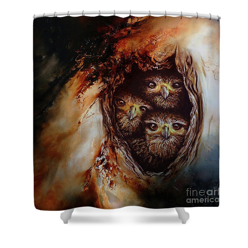 Owl Shower Curtain featuring the painting Young Owls by Gull G