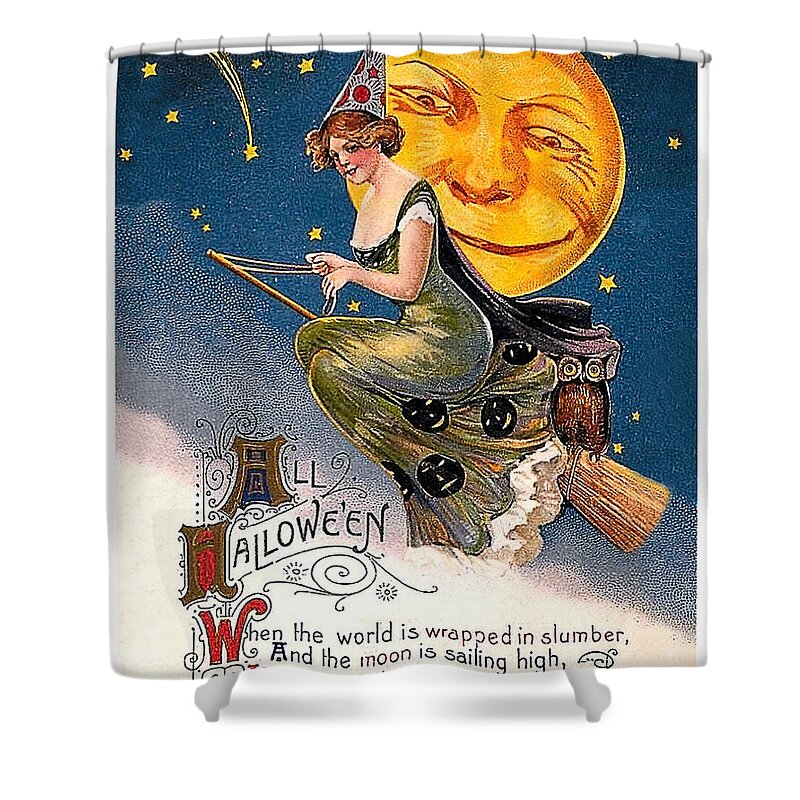 Young Witch Shower Curtain featuring the mixed media Young witch ride by Long Shot