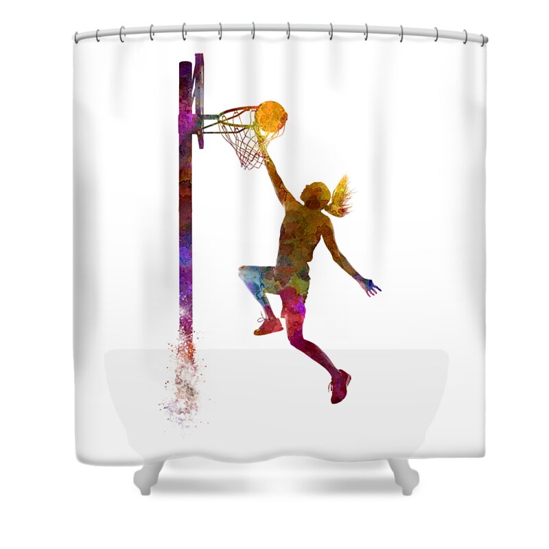 Young Woman Player In Watercolor Shower Curtain featuring the painting Young woman basketball player 04 in watercolor by Pablo Romero