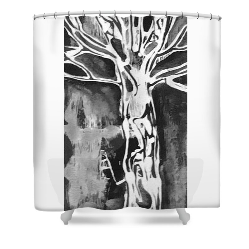 Trees Mono-prints Carol Rashawnna Williams Nature Black And White Shower Curtain featuring the painting Youth by Carol Rashawnna Williams