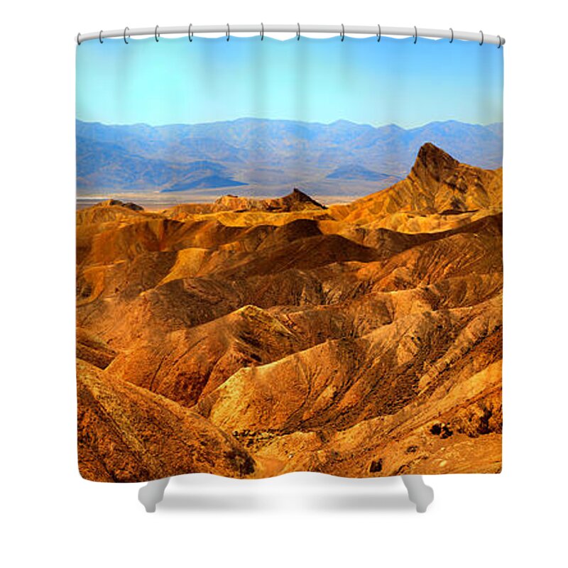 Death Valley Shower Curtain featuring the photograph Zabriskie Point Afternoon Panorama by Adam Jewell