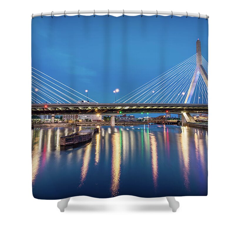 America Shower Curtain featuring the photograph Zakim Bridge and Charles River at Dawn by Val Black Russian Tourchin
