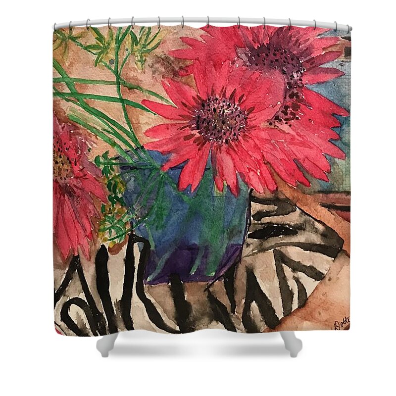 Watercolor Shower Curtain featuring the painting Zebra and Red Sunflowers by Dottie Visker