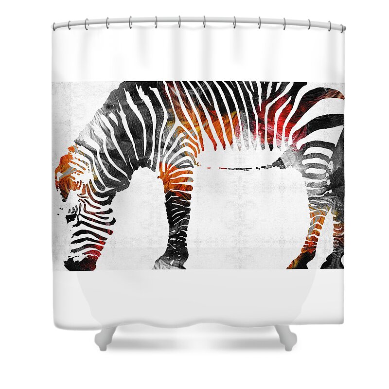 Zebra Shower Curtain featuring the painting Zebra Black White And Red Orange by Sharon Cummings by Sharon Cummings