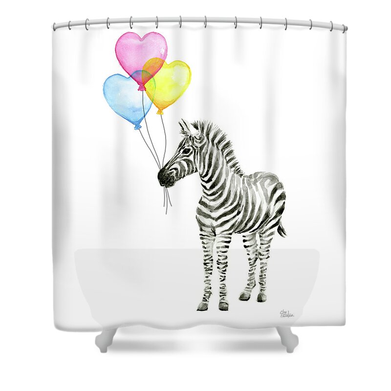 Zebra Shower Curtain featuring the painting Baby Zebra Watercolor Animal with Balloons by Olga Shvartsur