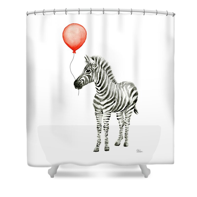 Zebra Shower Curtain featuring the painting Zebra with Red Balloon Whimsical Baby Animals by Olga Shvartsur