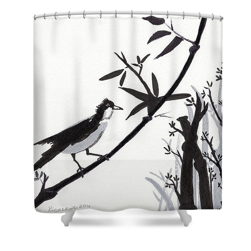 Abstract Shower Curtain featuring the drawing Zen Sumi Bird 1a Black Ink on Watercolor Paper by Ricardos by Ricardos Creations