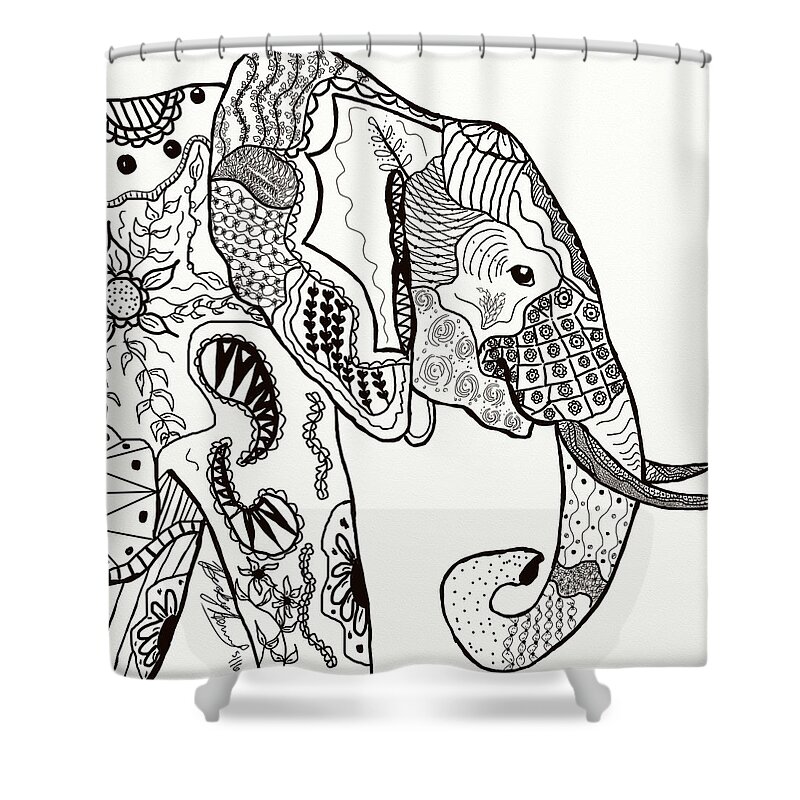 Zentangle Shower Curtain featuring the drawing Zentangle Elephant by Becky Herrera