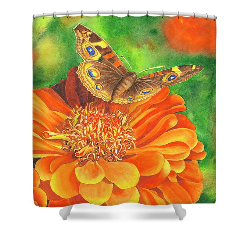 Zinnia With Butterfly Shower Curtain featuring the painting Zinnia Runway by Lori Taylor