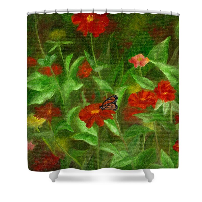 Butterfly Shower Curtain featuring the painting Zinnias by FT McKinstry
