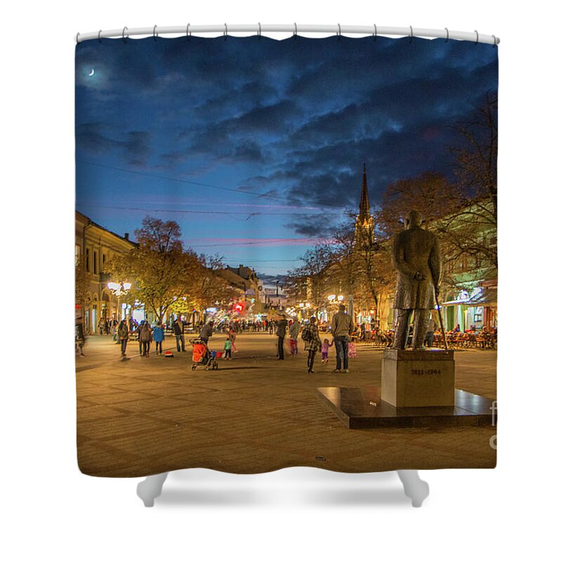 Art Photography Shower Curtain featuring the photograph Zmaj Jovina street in moonlight by Jivko Nakev