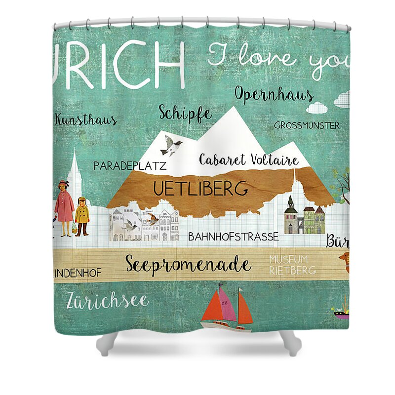 Zurich I Love You Shower Curtain featuring the mixed media Zurich I love you by Claudia Schoen