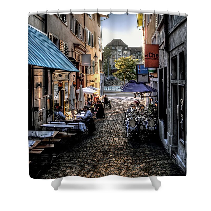 Urban Shower Curtain featuring the photograph Zurich Old Town cafe by Jim Hill