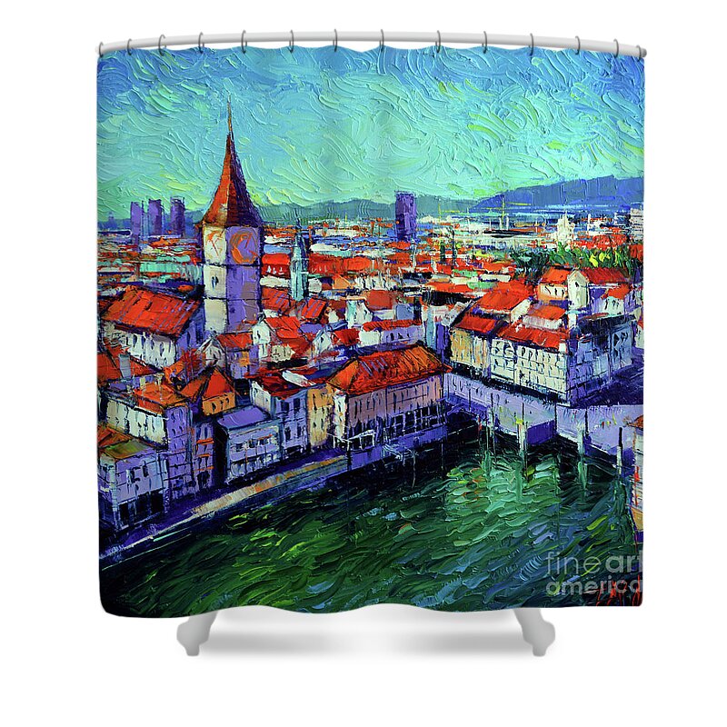 Zurich View Shower Curtain featuring the painting Zurich View by Mona Edulesco