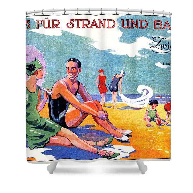 Vintage Shower Curtain featuring the mixed media Zwieback, Vienna, Austria - Family at the Beach - Vintage Travel Advertising Poster by Studio Grafiikka