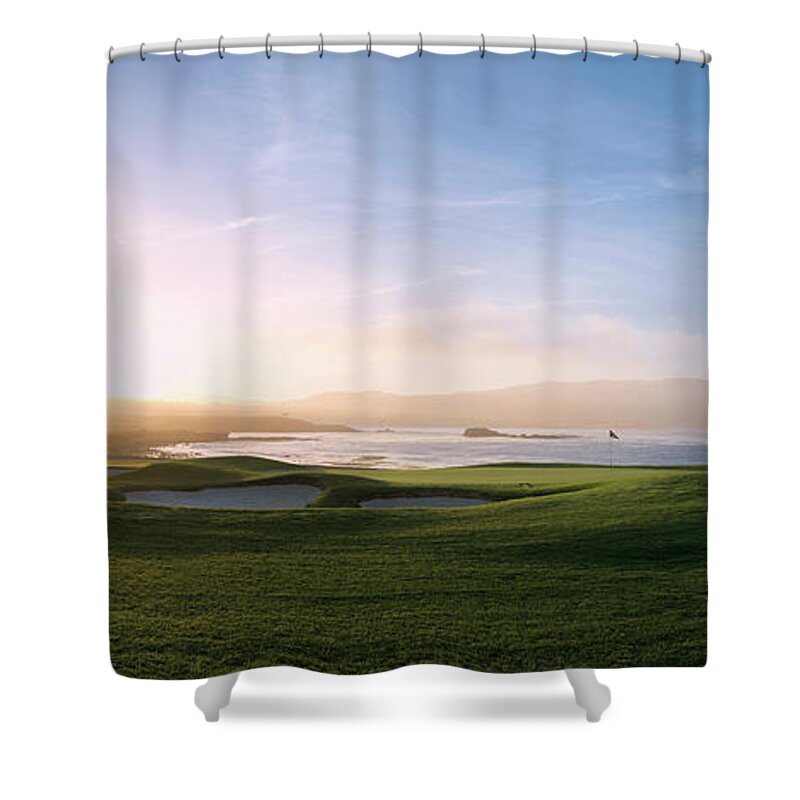 Photography Shower Curtain featuring the photograph 18th Hole With Iconic Cypress Tree by Panoramic Images