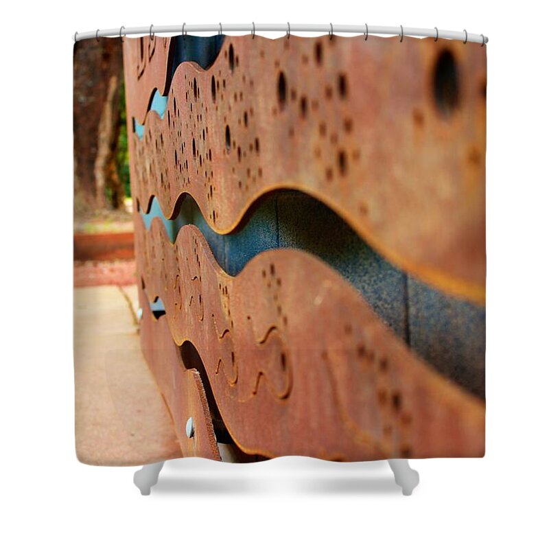 Industrial Abstract Metal Design Shower Curtain featuring the photograph 1 Abstract Lake Patricia Sign 3 by Joan Stratton
