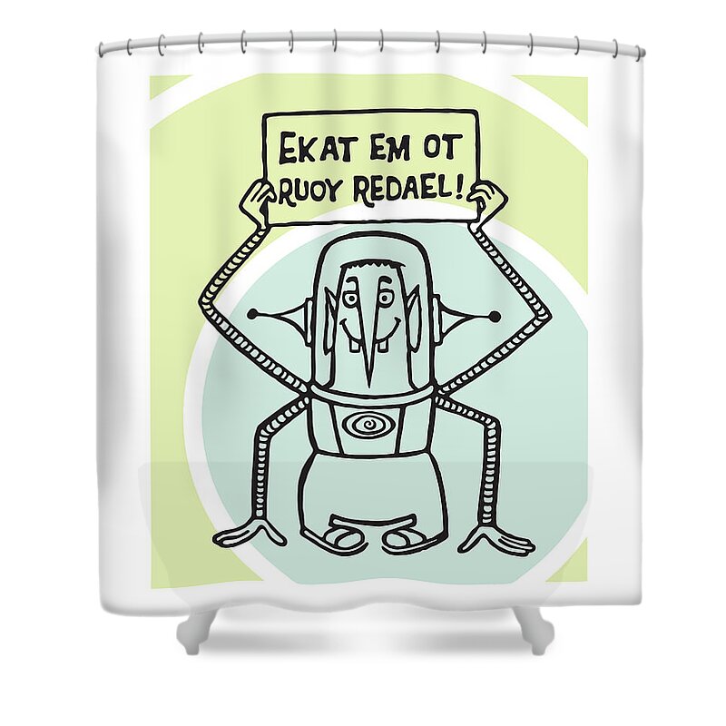 Alien Shower Curtain featuring the drawing Alien with Sign #1 by CSA Images