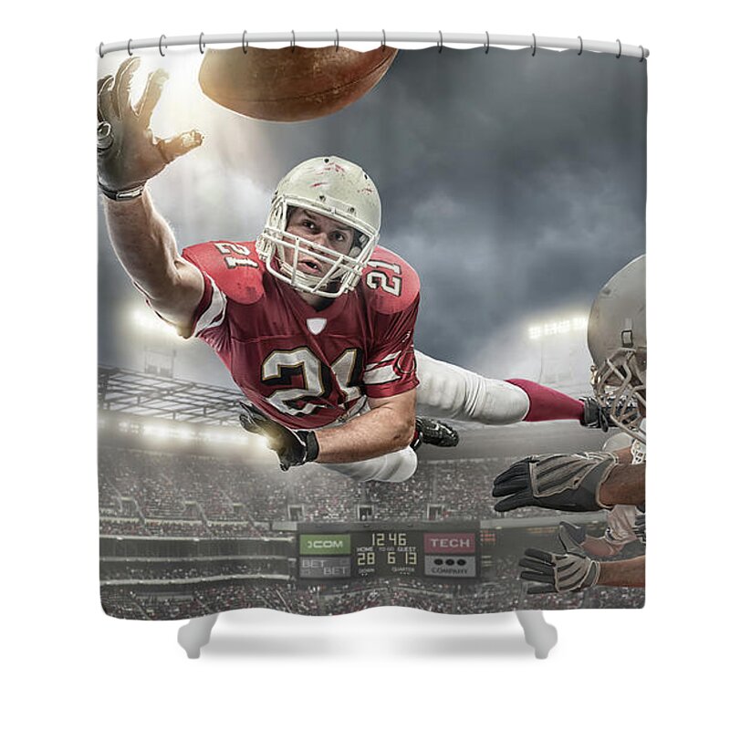 Soccer Uniform Shower Curtain featuring the photograph American Football Action #1 by Peepo