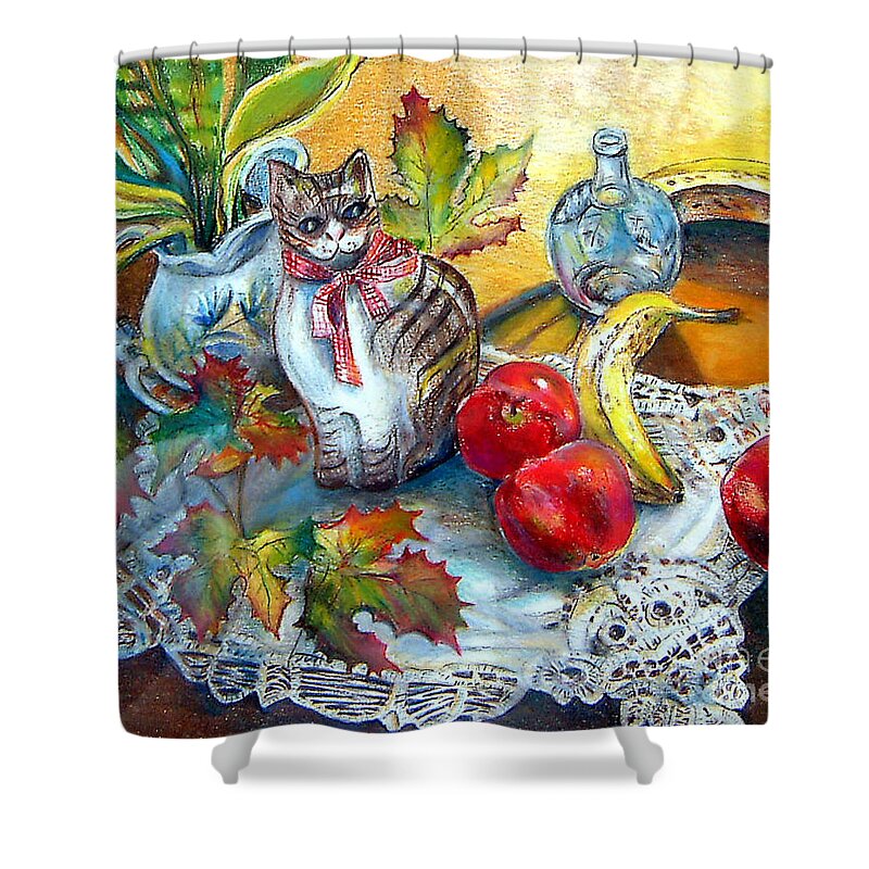 Ceramic Shower Curtain featuring the painting Apple Cat by Linda Shackelford