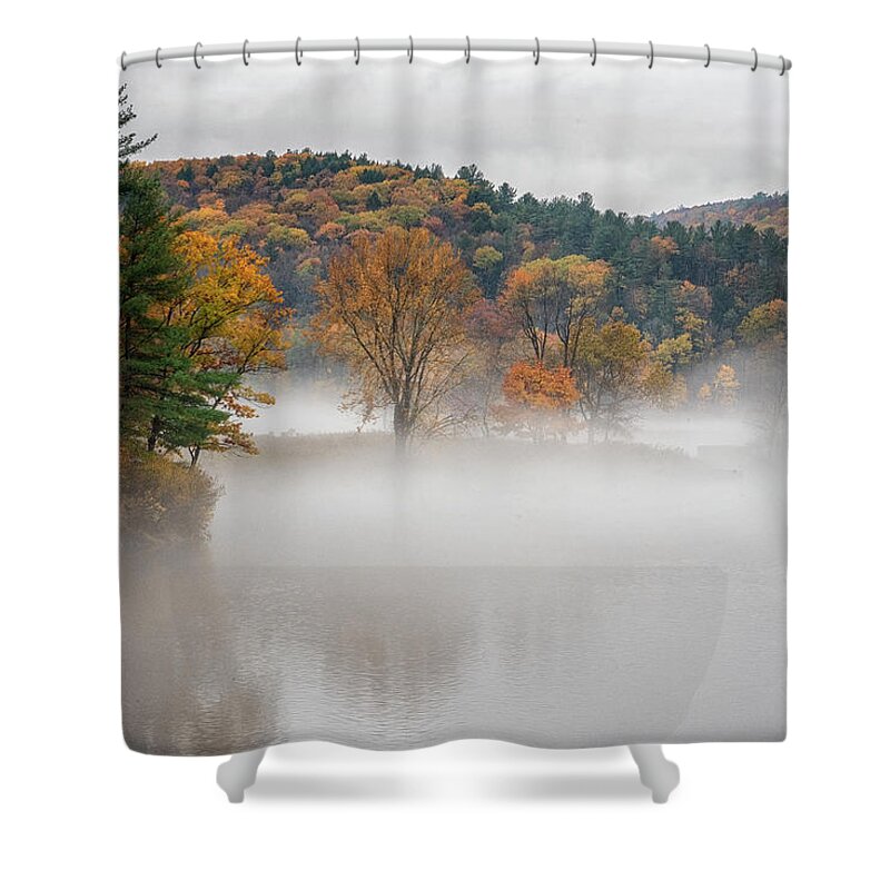 The Brattleboro Retreat Meadows Shower Curtain featuring the photograph Autumn Fog #1 by Tom Singleton