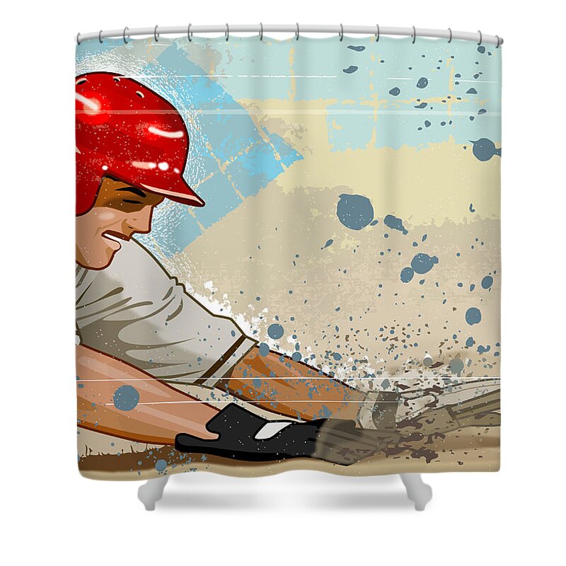 Sports Helmet Shower Curtain featuring the digital art Baseball Player Sliding Into Base #1 by Greg Paprocki