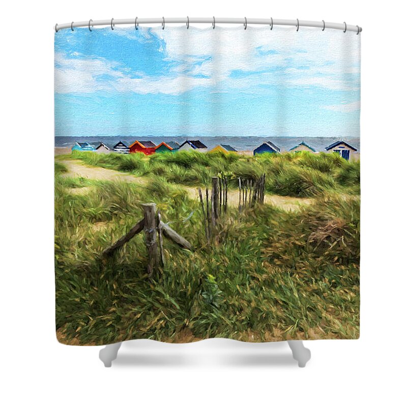 Summer Shower Curtain featuring the digital art Beach Huts #1 by Ian Merton