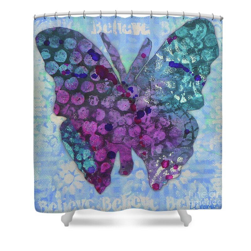 Butterfly Shower Curtain featuring the mixed media Believe Butterfly #2 by Lisa Crisman