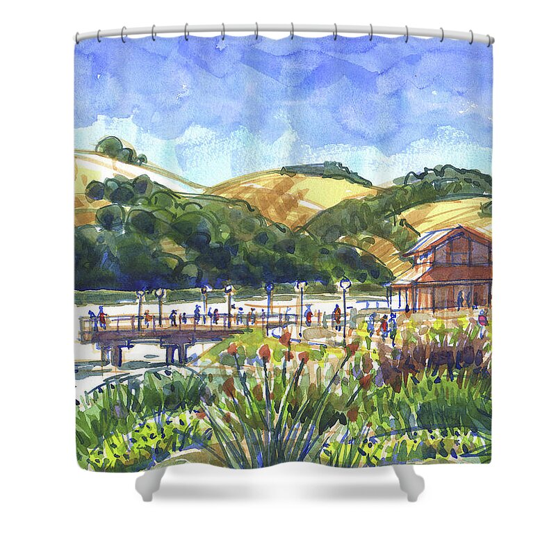 Benicia Waterfront Shower Curtain featuring the painting Benicia Point Pier #1 by Judith Kunzle