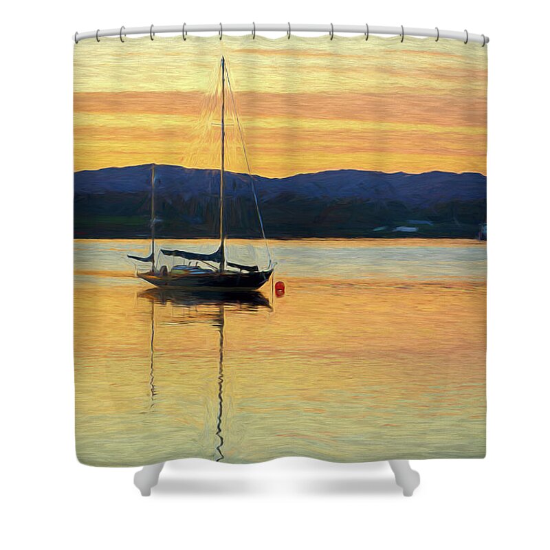 Beautiful Shower Curtain featuring the digital art Boat On A Lake at Sunset by Rick Deacon