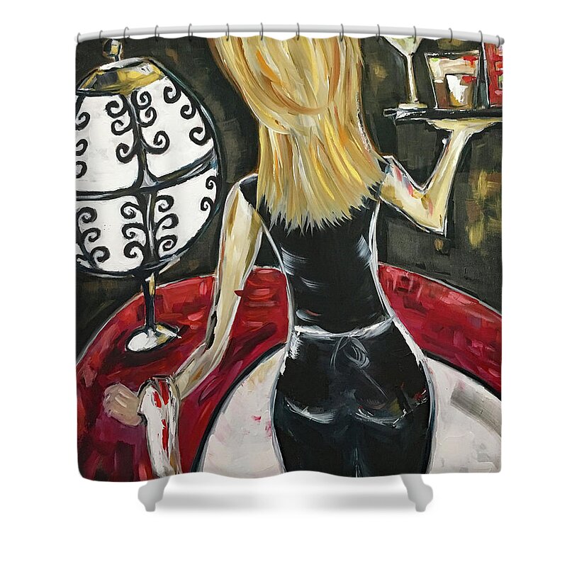 Bartender Shower Curtain featuring the painting Bottoms Up featuring Roxy Rich #1 by Roxy Rich