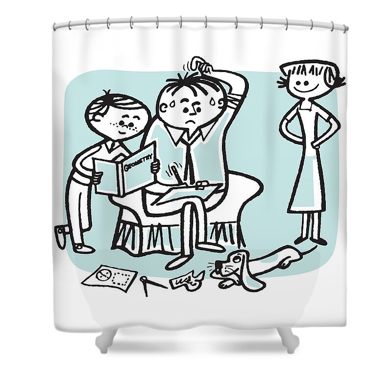 Academic Shower Curtain featuring the drawing Boy Getting Help with Math Homework from his Confused Father while Mother Looks On #1 by CSA Images
