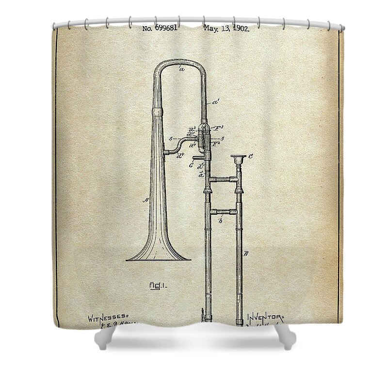 Trombone Shower Curtain featuring the photograph Brass Trombone Patent - 1902 #1 by Patent Art
