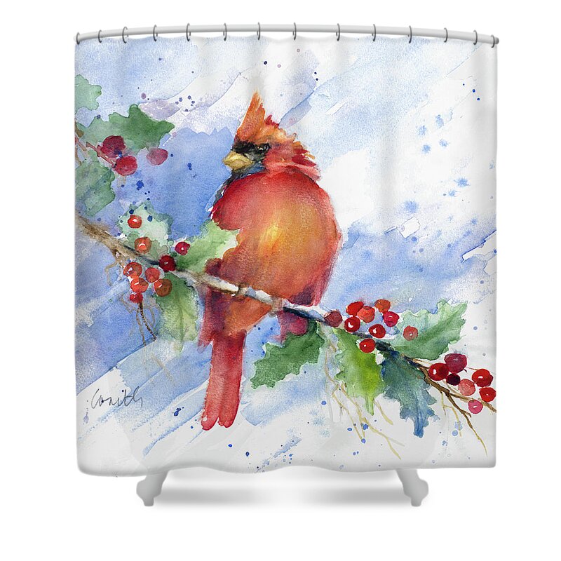 Cardinal Shower Curtain featuring the painting Cardinal On Holly Branch by Lanie Loreth