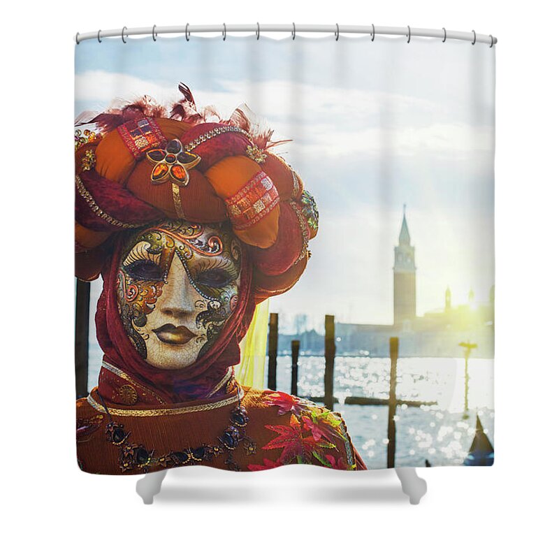 Headwear Shower Curtain featuring the photograph Carnival Mask In Venice Posing In San #1 by Buena Vista Images