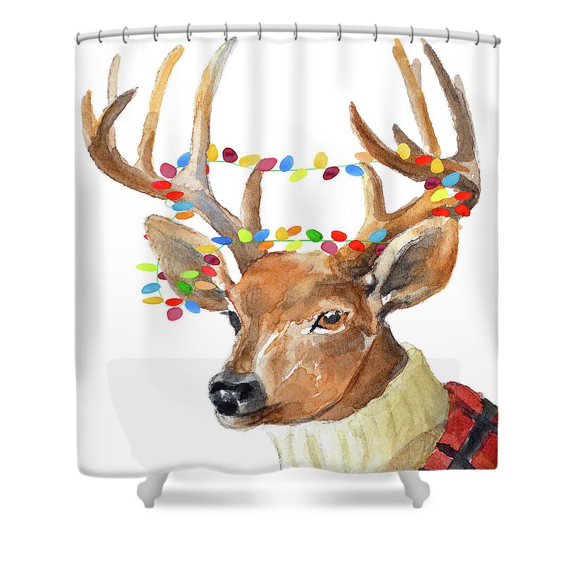 Christmas Shower Curtain featuring the painting Christmas Lights Reindeer Sweater by Lanie Loreth