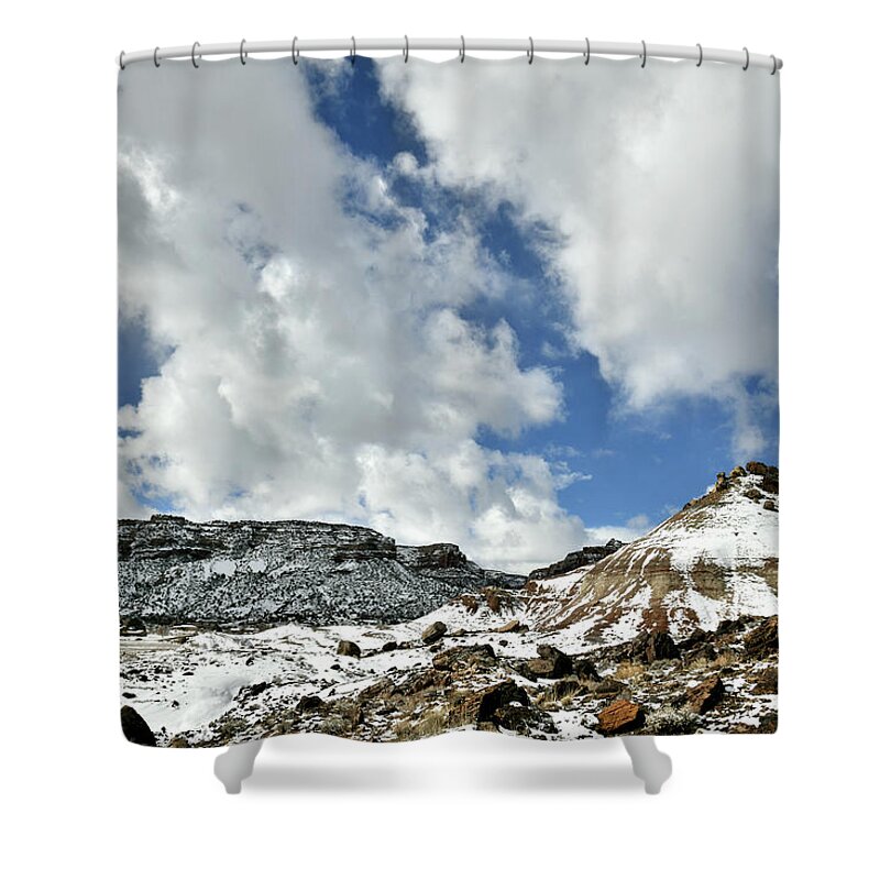 Ruby Mountain Shower Curtain featuring the photograph Clouds over Ruby Mountain and Colorado National Monument #1 by Ray Mathis