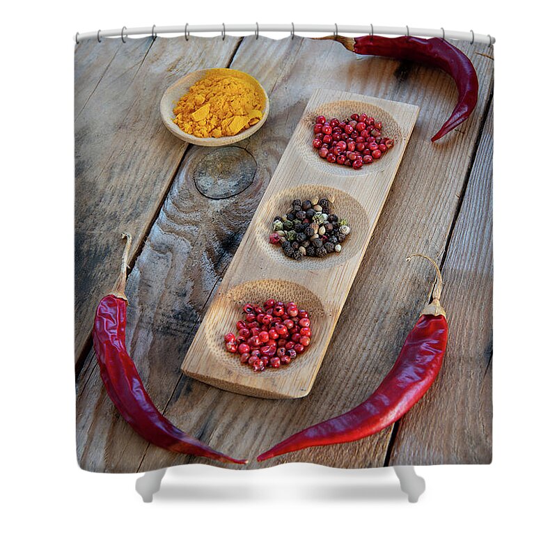 Spice Shower Curtain featuring the photograph Collection of aromatic herbal peeper spices by Michalakis Ppalis
